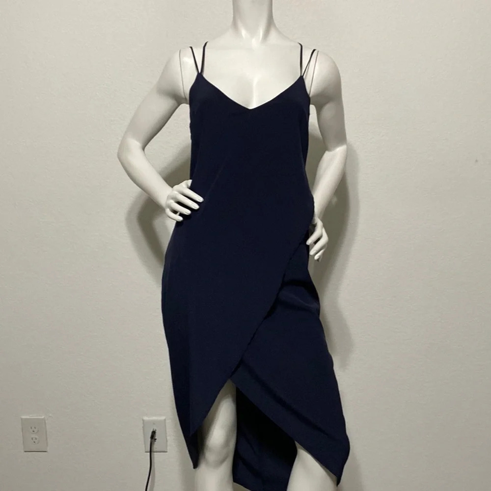 Bella Luxx Navy Blue Silk Blend Cocktail Sleeveless Asymmetric Midi Dress Size M